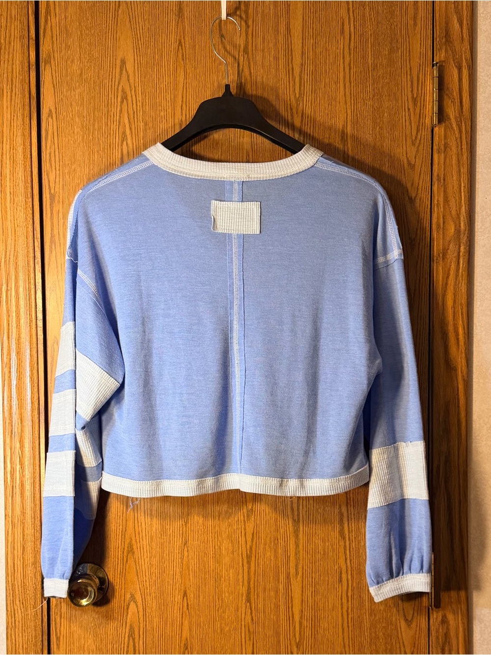 POL Light Blue V-Neck Cropped Patchwork Pullover - Picture 5 of 5